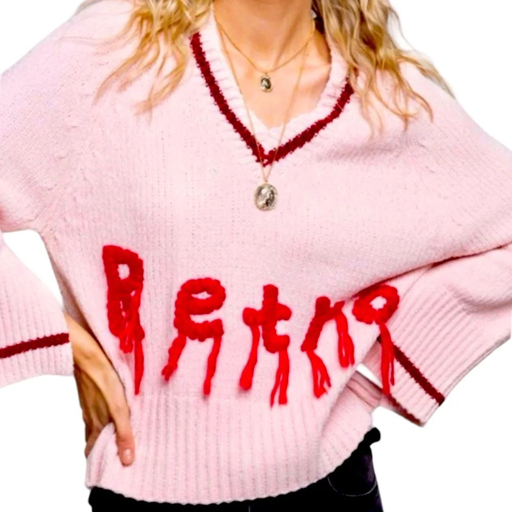 POL ‘Retro’ Fringe V Neck Sweater Women Color Pink Size S